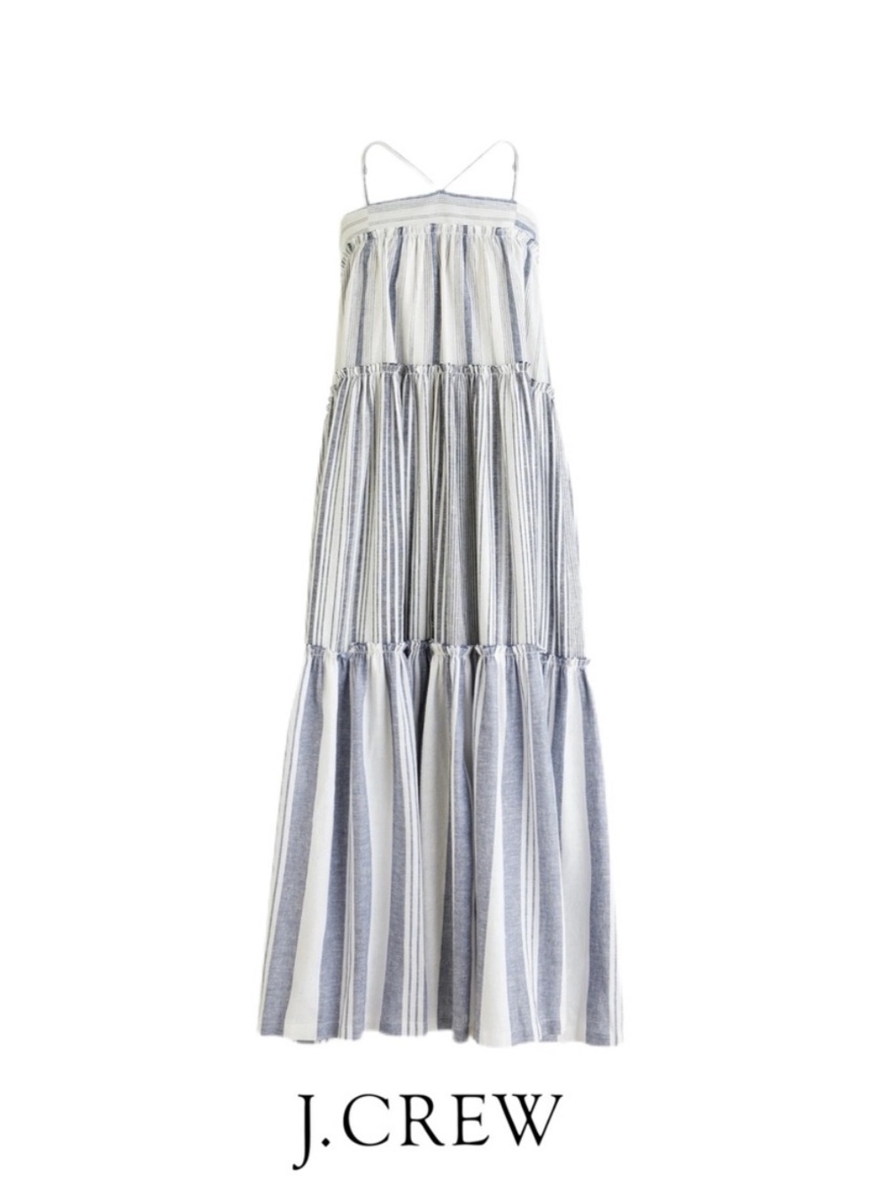 J. Crew Blue and White Striped Tiered Maxi Dress